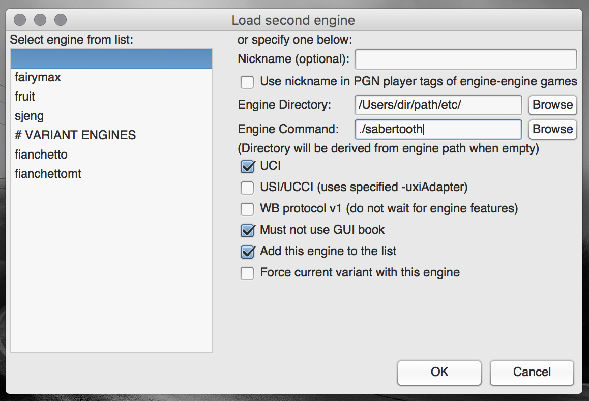 Select the engine directory and name in XBoard